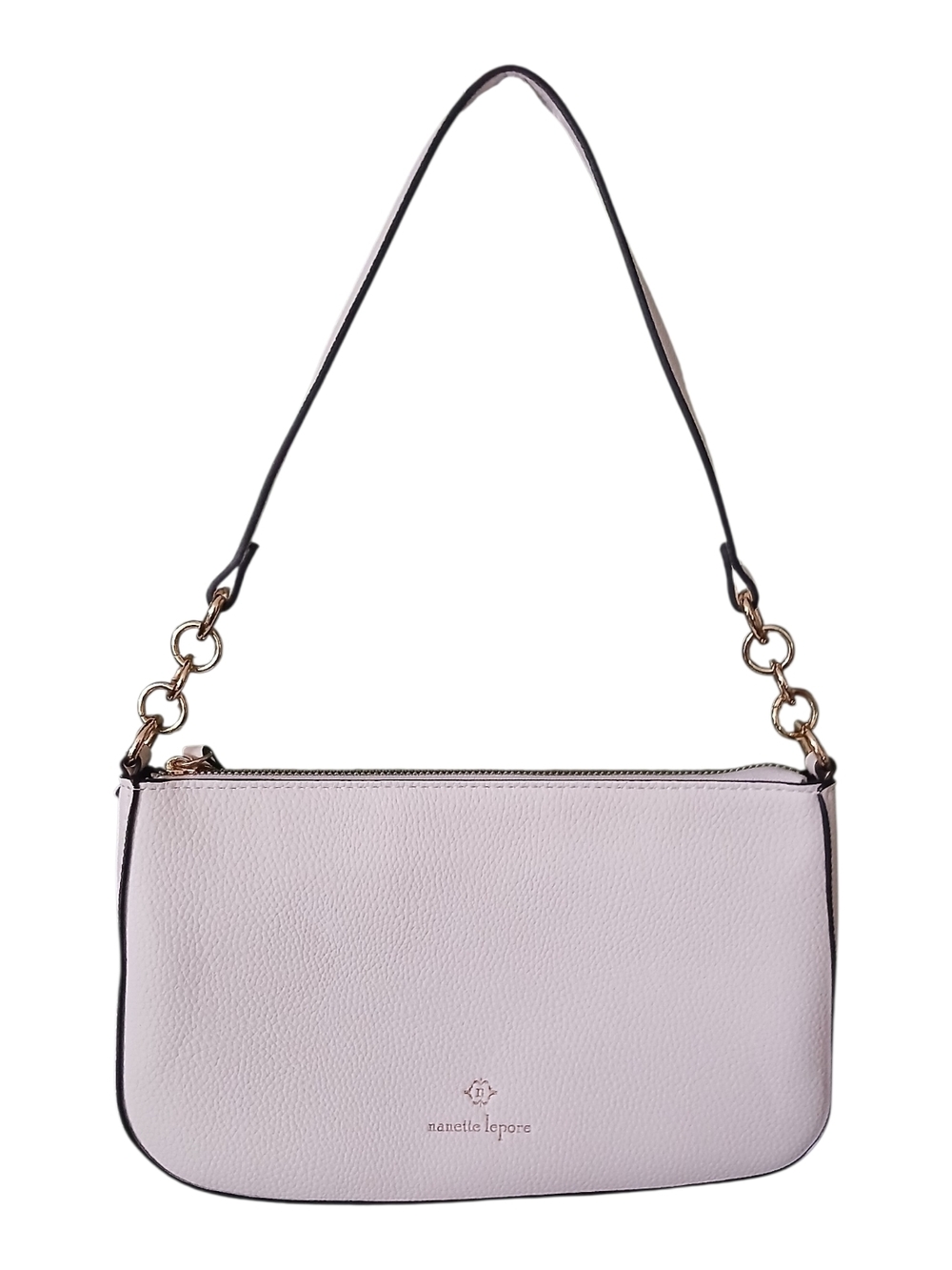 Nanette Lepore Off White Pebbled Leather Shoulder Bag with Gold Chain Accents